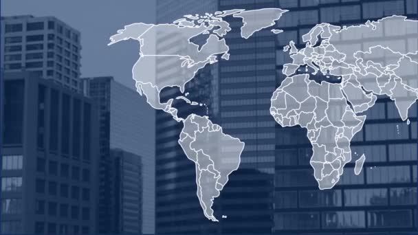 Animace mapy světa nad městskou krajinou. Globální koncepce podnikatelského a digitálního rozhraní digitálně generované video.