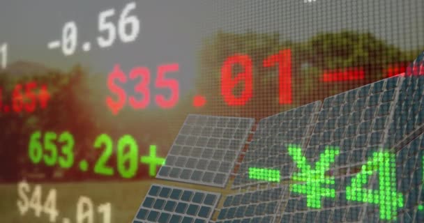 Animación Datos Financieros Gráficos Sobre Paneles Solares Energía Verde Energía — Vídeos de Stock