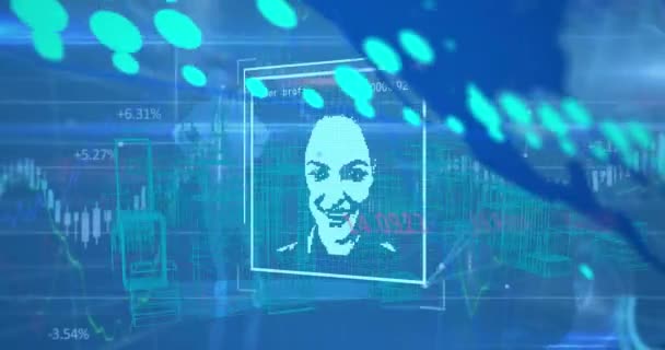Animação Processamento Dados Com Retratos Pessoas Fundo Azul Conceito Tecnologia — Vídeo de Stock