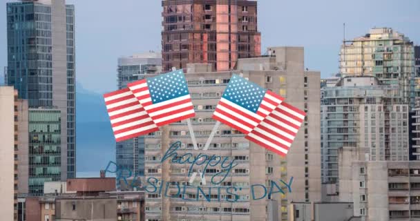 Happy President Day Text Banner Flag Icons Tall Buildings Background — Stock Video