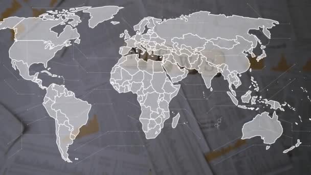 Animacja Przetwarzania Danych Mapa Świata Nad Dokumentami Koncepcja Globalnego Biznesu — Wideo stockowe