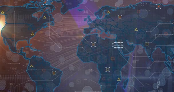 Animación Iconos Datos Mapa Del Mundo Sobre Fondo Violeta Concepto — Vídeos de Stock