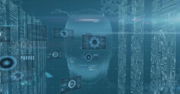 青いデジタルスクリーン サーバー 人間の頭部モデル上のデータ処理のアニメーション データ処理 コンピュータ テクノロジーの概念はデジタルで生成されたビデオ — ストック動画