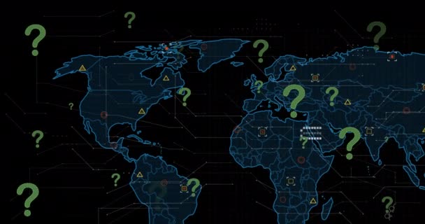 Анимирование Вопросительного Знака Обработке Данных Карты Мира Черном Фоне Концепция — стоковое видео