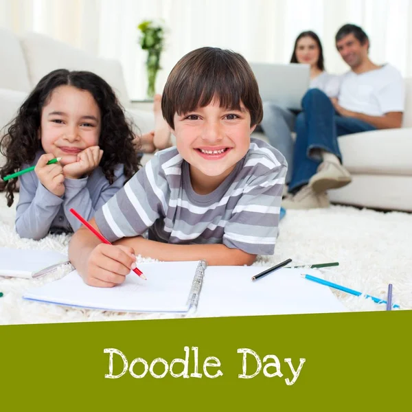 Composite Portrait Happy Caucasian Children Doodling Books Home Doodle Day — 스톡 사진