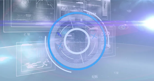 Image of processing circle moving over scientific graph and data. global science, connections and digital interface concept digitally generated image.