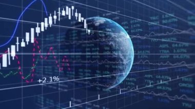 Finansal grafiklerin ve donanma arka planının animasyonu. küresel ekonomi, finans, iş ve teknoloji kavramı dijital olarak oluşturulmuş video.