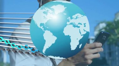 Animation of data processing and globe over biracial man using smartphone. Global business and digital interface concept digitally generated video.