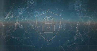 Mavi arka planda veri işleme ve güvenlik kilidi animasyonu. Dijital olarak oluşturulmuş küresel bağlantılar, veri işleme ve dijital arayüz kavramı.