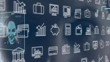 Veri işleme animasyonu ve insanların gözün üzerinde simgeleri. Küresel iş ve dijital arayüz kavramı dijital olarak oluşturulmuş video.