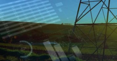 Elektrik direği ve peyzaj üzerinde veri işleme animasyonu. küresel enerji, elektrik ve veri işleme kavramı dijital olarak oluşturulmuş video.