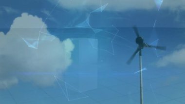 Rüzgâr türbininin üzerindeki dünya ve bağlantılar ağının animasyonu. Küresel iş, finans ve dijital arayüz kavramı dijital olarak oluşturulmuş video.