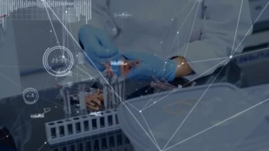 Test tüpleriyle doktorların üzerinde veri işleme animasyonu. Küresel tıp ve dijital arayüz kavramı dijital olarak oluşturulmuş video.