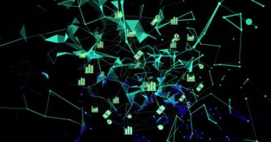 Dijital simgelerin küresi ve kara arkaplan üzerinde yüzen bağlantılar ağı. Küresel ağ ve teknoloji kavramı