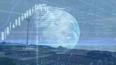 Finansal verilerin ve rüzgar türbininin üzerindeki kürenin animasyonu. Çevre gücü, yeşil enerji, küresel finans ve ekonomi konsepti dijital olarak oluşturulmuş video.