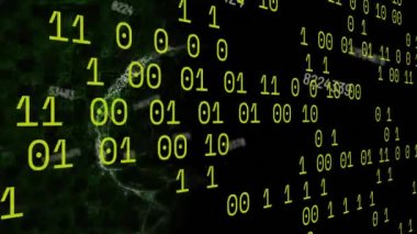 İkili kodlama animasyonu, insan beyni ve bağlantı ağı. küresel hesaplama, bilim, bağlantılar ve dijital olarak oluşturulmuş video işleme kavramı.