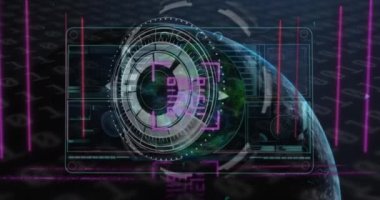 Çeşitli verilerle dijital ekranda çember ve qr kodlarının canlandırılması. Ağ, veri işleme, dijital ekran, İnternet güvenliği ve dijital olarak oluşturulmuş iletişim konsepti.