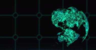 Kara arkaplana karşı ağ üzerinde dönen bağlantı ağı küresi. Küresel ağ ve teknoloji kavramı