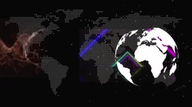 İnsan beyni ve dünya haritasında siyah arka plan üzerinde dönüyor. Tıbbi araştırma ve küresel ağ teknolojisi kavramı