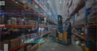 Depoda veri işleme animasyonu. Küresel gönderim ve bağlantılar konsepti dijital olarak oluşturulmuş video.