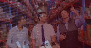 Animation of data processing over diverse business people in warehouse. Global shipping, computing and digital interface concept digitally generated video.