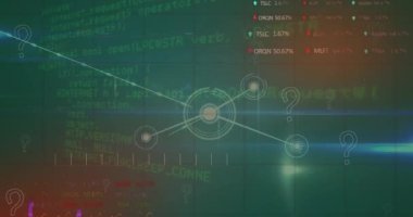 Mavi arkaplandaki bağlantı ağı ve veri işleme ağı üzerinde soru işareti simgelerinin canlandırılması. Küresel bağlantılar ve dijital arayüz konsepti dijital olarak oluşturuldu.
