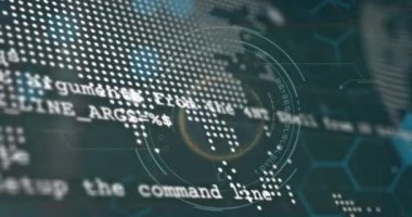 Dünya çapında tarama ve kara arkaplanda veri işleme animasyonları. Küresel teknoloji, bilgisayar ve dijital arayüz kavramı dijital olarak oluşturulmuş video.