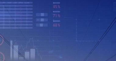 Günbatımında elektrik direkleri üzerinden finansal grafiklerin ve verilerin animasyonu. Dijital olarak üretilen enerji, elektrik, finans ve ekonomi konsepti.