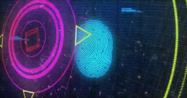Donanma arka planında veri işleme, parmak izi ve renkli şekillerin animasyonu. Veri işleme, dijital arayüz, veri güvenliği ve teknoloji konsepti dijital olarak oluşturulmuş video.