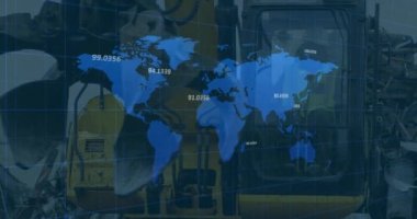 Hurdalıktaki makineler üzerinden finansal verilerin ve grafiklerin animasyonu. Ekonomi, finans, geri dönüşüm ve atık kullanımı kavramı dijital olarak oluşturulmuş video.