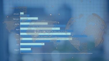 Mavi arkaplandaki veri işleme üzerinde küre animasyonu. Küresel iş, bilgisayar ve dijital arayüz kavramı dijital olarak oluşturulmuş video.