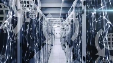 Sunucu odasındaki dünya simgelerinin animasyonu. küresel iş, teknoloji ve dijital arayüz kavramı dijital olarak oluşturulmuş video.