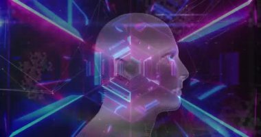 Altıgen tünele karşı kusursuz bir şekilde dönen insan yüzü modeli üzerindeki bağlantılar. Tıbbi araştırma ve bilim teknolojisi kavramı