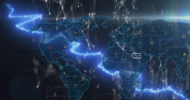 Animacja Ikon Danych Mapy Świata Czarnym Tle Koncepcja Sieci Przetwarzania — Wideo stockowe