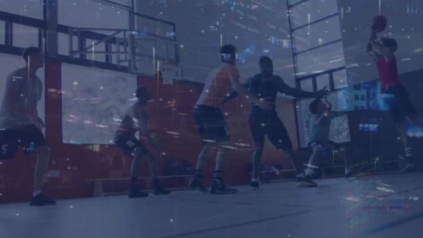 Animatie Van Verwerking Van Gegevens Diverse Mannelijke Basketbalspelers Spelen Global — Stockvideo
