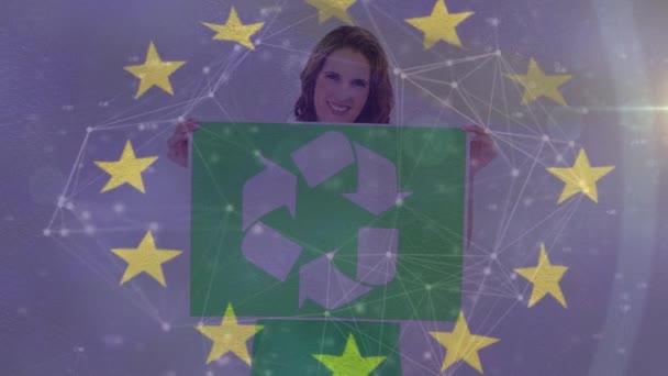 Animation European Union Stars Connections Caucasian Woman Recycling Sign European — Vídeo de Stock