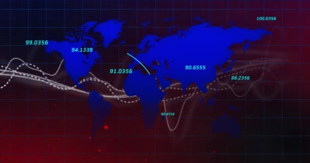 Animatie Van Grafieken Data Wereldkaart Donkerrode Achtergrond Netwerk Gegevensverwerkings Communicatie — Stockvideo