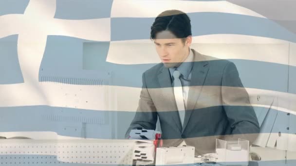 Waving Greece Flag Caucasian Young Businessman Celebrating Office World Relations — Vídeo de Stock