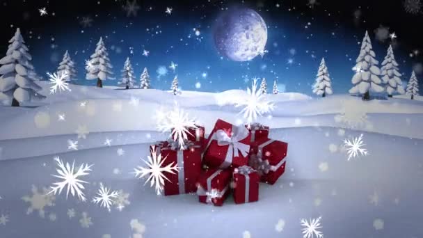 Animacja Śniegu Spadającego Prezenty Boże Narodzenie Boże Narodzenie Tradycja Koncepcja — Wideo stockowe