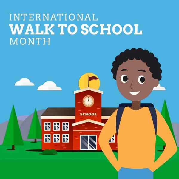 Illustration Boy School Building International Walk School Month Text Blue — Stockfoto