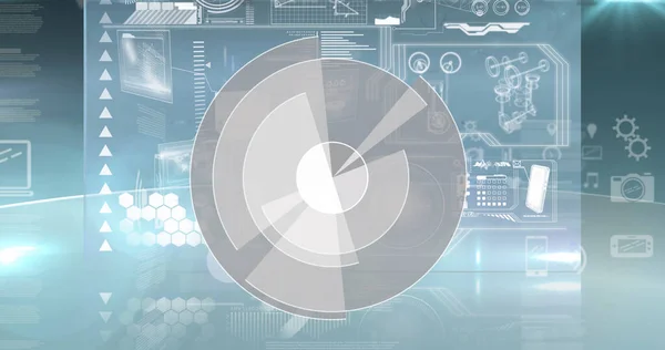 Image of processing circle and light on scientific graph and data. global science, connections and digital interface concept digitally generated image.