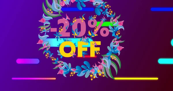 Image Percent Text Floral Pattern Glowing Neon Lines Purple Background — Stock Photo, Image