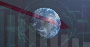 Dünya üzerinde kırmızı okla istatistik ve veri işleme animasyonu. küresel finans, iş ve veri işleme kavramı dijital olarak oluşturulmuş video.