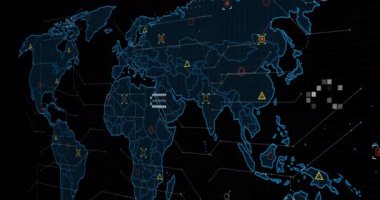 Dünya haritası üzerinde veri işleme animasyonu ve siyah arkaplanda soru işareti. Küresel teknoloji, bilgisayar ve dijital arayüz kavramı dijital olarak oluşturulmuş video.