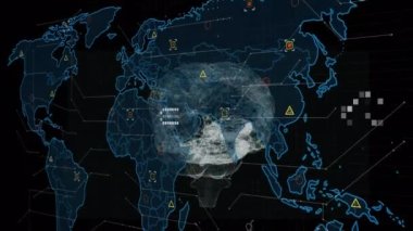 Dünya haritası ve insan beyni üzerindeki veri işlemesi siyah arkaplan üzerinde dönüyor. Küresel ağ ve tıbbi araştırma teknolojisi kavramı