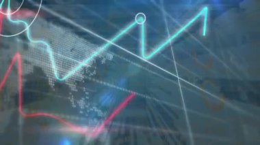 Finansal grafikleri sayma animasyonu ve donanma arkaplanındaki saat üzerinden dünya haritası. Finans, ekonomi, iş, veri işleme ve teknoloji konsepti dijital olarak oluşturulmuş video.