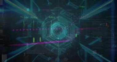 Siyah arkaplanda altıgenlerden oluşan tünelin üzerinde hareket eden grafiklerin animasyonu. Maliye, veri işleme ve internet güvenliği konsepti dijital olarak oluşturuldu.