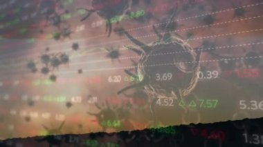 Borsa veri işleme ve günbatımına karşı yüzen covid-19 hücreleri. Küresel ekonomi ve covid-19 salgın konsepti