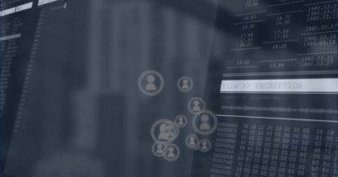 Siyah arkaplanda veri işleme üzerine simgelerin canlandırılması. Küresel teknoloji, bilgisayar ve dijital arayüz kavramı dijital olarak oluşturulmuş video.