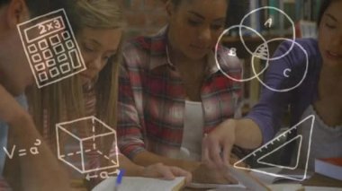 Animation of school items icons over diverse students reading. global education and school concept digitally generated video.